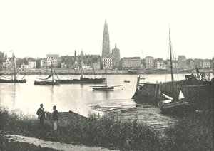 横跨河的看法大教堂的，比利时安特卫普，1895年。 作者 不明
