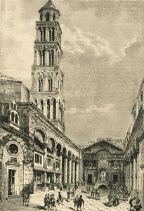 在Spalatro中查看，展示了戴克里先宫的钟楼和Peristyle，1890年。 作者 不明