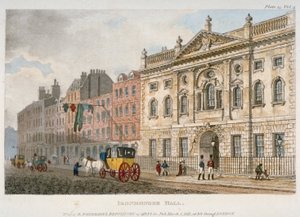 1811年，伦敦市芬奇街的铁匠厅和人们以及一辆马车的景观。 作者 不明