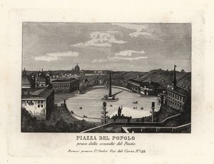 从罗马 Pincian 山顶的赫利奥波利斯 (Heliopolis) 可欣赏人民广场 (Place du Peuple) 人民广场 (Piazza del Popolo) 和埃及拉美西斯二世 (Rameses II) 方尖碑的景色 作者 Unbekannt
