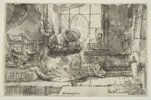 处女与带猫的孩子：和约瑟夫在窗前，1654年。 作者 不明