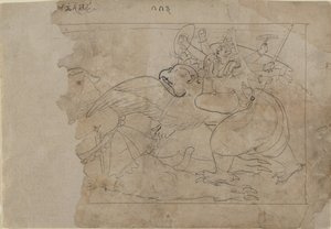 毗湿奴骑着迦楼罗杀死一个恶魔，18世纪中叶。 作者 不明