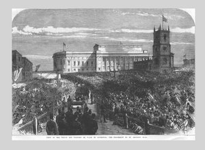 威尔士亲王和公主访问利物浦。 1865年，前往圣乔治堂的队伍 作者 不明