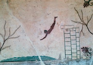 帕斯图姆希腊墓中的壁画，画的是一个游泳者，8世纪。 作者 不明