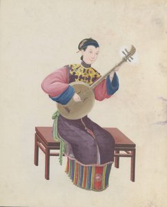 音乐家演奏阮的水彩画，18世纪末。 作者 不明