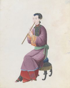水彩画的音乐家演奏xiao，18世纪末。 作者 不明