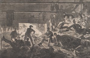 营地的冬季宿舍--小屋的内部 哈珀周刊》，第七卷，1863年1月24日。 作者 不明
