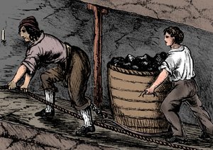妇女和一个男孩在煤矿工作，兰开夏郡博尔顿，1848年 作者 不明