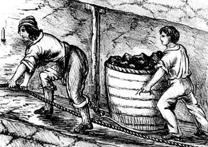 妇女和一个男孩在煤矿工作，兰开夏郡博尔顿，1848年 作者 不明