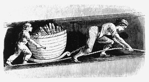 兰开夏郡，博尔顿，女人和男孩正在画一个装有3-4英担煤炭的洞穴，1848年 作者 不明