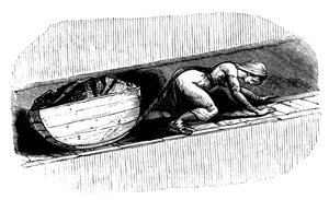 女子轻击棒沿着狭窄的煤层拖着一块煤，南威尔士，c1848 作者 不明