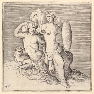 《戴盾牌坐在海怪上的女人》，出版于1599-1622。 作者 不明