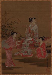 年轻的女人和两个女孩的随从，坐在花园里，江户时期，1615-1868。 作者 不明