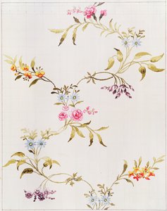 由Spitalfields编织的丝绸材料的康乃馨和玫瑰的花卉设计，由Anna Maria Garthwaite（1690-1763），1744年（纸上的wc，转移的平方） 作者 未知未知