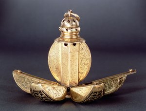 Pomander有四个开放的隔间用于存放香水或其他芳香物质，银镀金，可能是英文c.1580 作者 未知未知