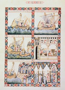 102-0625868/1 阿卡之旅，Cantiga 172 插图，420 首讲述圣母奇迹的音乐作品之一，用加利西亚语为阿方索十世“智者” (1221-84) 创作（牛皮纸） 作者 未知艺术家