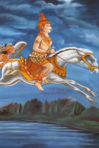 20151028, 老挝万象市:Wat Haysok.描绘释迦牟尼佛生活故事的绘画。佛祖在晚上骑着他的马Kanthaka离开他的宫殿，后面跟着他的司机Channa 作者 不明