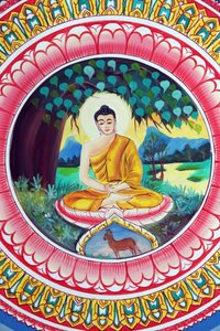 20151029, 老挝万象市:Wat Inpeng 佛教寺庙。描绘释迦牟尼佛生平故事的绘画。佛陀坐着打坐的姿势 作者 不明