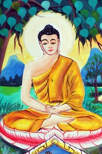 20151029, 老挝万象市:Wat Inpeng 佛教寺庙。描绘释迦牟尼佛生平故事的绘画。佛陀坐着打坐的姿势 作者 不明