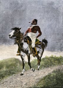 一位勇敢的科曼奇人，1800 年左右在南部草原（美国得克萨斯州和俄克拉荷马州）骑马旅行。石版画 作者 未知艺术家