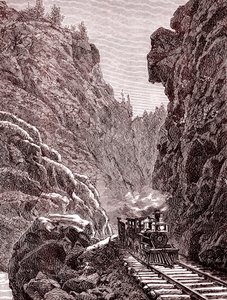 穿越科罗拉多山脉的火车。1886 年的美国（雕刻） 作者 未知艺术家