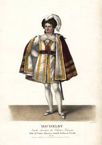 演员 Pierre Marie Nicolas Michelot 在法国剧院皮埃尔-博马舍创作的 Le Barbier de Seville 中饰演阿尔玛维瓦伯爵。F. Noel 根据 Alexandre-Marie Colin 的插图绘制的手绘彩色石版画，选自《Portraits d