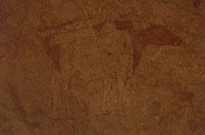 阿尔及利亚，撒哈拉沙漠，Tassili-n-Ajjer国家公园，Sefar遗址，描绘公牛的岩画。