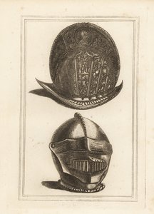 装饰有军事战利品的古代威尼斯 morion 头盔，以及来自伦敦塔的带有统一面罩和 Bever 的 burgonet 头盔 作者 不明