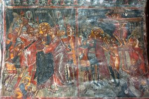 古代壁画；壁画；犹大之吻；耶稣受难；Panagia和Sotiras教堂；希腊东正教教堂；Roustika；克里特岛；希腊；欧洲 作者 不明