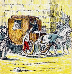 1791 年 6 月 21 日，路易十六及其逃亡的家人在瓦雷讷被捕。雕刻在“法兰西历史”中。代表路易出版的系列广告图片，24 rue d
