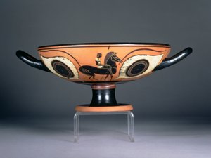阿提克黑塑眼杯，添加了描绘马和骑手的红色和白色装饰，公元前480-450年（陶器 作者 不明