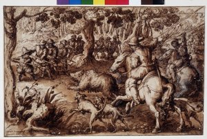 猎熊乔瓦尼-斯特拉达诺（Jan Van Der Straet）（约翰内斯-斯特拉达努斯）（1523-1605 年）绘制。佛罗伦萨，Gabinetto dei Disegni e delle Stampe degli Uffizi（乌菲兹）。GDSU 2343 F 作者 未知艺术家