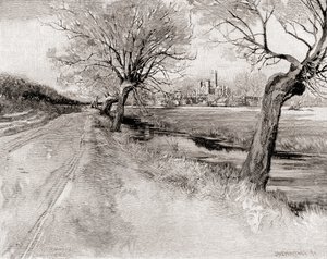 坎特伯雷大教堂，从西南方向看，日落时分，来自《世纪杂志》，1887年出版（雕刻）。 作者 不明