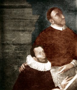 卡洛·杰苏阿尔多，维诺萨亲王。 1560-1613。 与他的叔叔卡罗·博罗梅奥一起绘画。 杰苏阿尔多跪着。 圣玛丽亚感恩教堂（嘉布遣会修道士修道院）的杰苏阿尔多（Gesualdo）悬挂着这幅画。 被认为是 Giova 创作于 1609 年的祭坛画 作者 未知艺术家