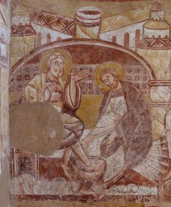 Church (Église Saint-Martin). Interior. Wall paintings (fresco). North wall of the choir. Detail. foot washing. 12th century. 作者 不明