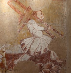 教堂（Église Saint-Martin）。 内部的。 壁画（壁画）。 合唱团的北墙。 细节。 昔兰尼的西门背着十字架。 12世纪。 作者 不明