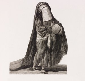 Close up illustration of a woman in a red silk dress 作者 不明