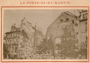 巴黎公社（1871 年）：巴黎圣马丁门于 1871 年 5 月被毁的景色。Pierre Pepetit 的照片。 打印在纸板上，昏暗。 9x5,4 厘米 作者 不明