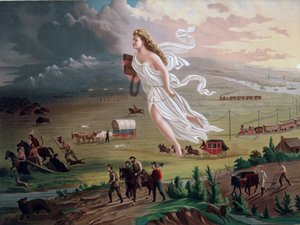 命运的概念：寓意深刻的女性形象手持电报线，带领美国拓荒者和铁路工人向西进发，印第安原住民、水牛和熊在他们面前节节败退。铬版印刷，约 1873 年。