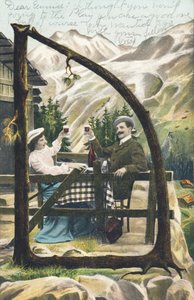 D: 一男一女坐在山间小屋前的桌子上，拿着酒杯敬酒 - 字母表Ref Th. E., L. Theochrom - Serie 994.西奥多-艾斯曼，出版商，莱比锡 作者 不明
