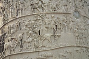 罗马营地的日常生活，出自图拉真之柱，公元 2 世纪（雕刻的石头）（细节） 作者 不明