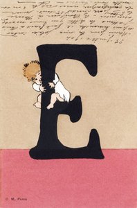 E 表示拥抱、亲吻 - 儿童字母表。 C. M. 编辑，巴黎。 手绘明信片，1904 年盖章。尺寸：14 x 9 厘米 作者 不明