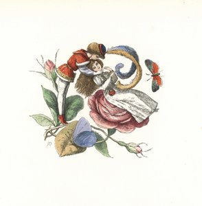 小精灵与玫瑰花上的仙女调情。埃德蒙-埃文斯（Edmund Evans）根据理查德-多伊尔（Richard Doyle）的插图绘制的手绘木刻版画，选自《仙境》（In Fairyland），精灵世界系列图片，朗文，伦敦 作者 未知艺术家