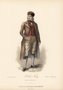 为 Ami Fritz（埃克曼-夏特里安小说中的人物 Fritz Kobus）设计的阿尔萨斯奇装异服。骑马外套、羊绒马甲、内裤和毛皮头巾。根据莱昂-索尔特（Leon Sault）设计的 "L