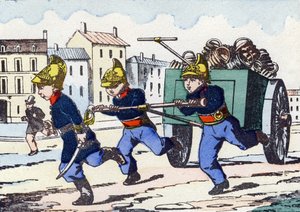 消防员。雕刻在 "儿童军事字母 "中。大约在1890年，对Pont-a-Mousson的想象。20页。尺寸：28,5x21cm 作者 不明