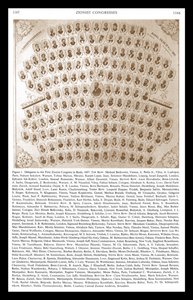 1897 年巴塞尔第一届犹太复国主义大会。西奥多-赫茨尔出现在代表和领导人蒙太奇的中心位置 作者 未知艺术家
