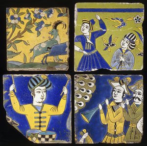 四个Saffavid cuerda seca瓷砖，描绘了两个高地山羊，以及音乐家和舞者的身影，c。 1600 作者 不明