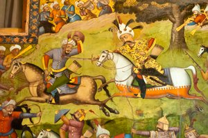 壁画；伊斯梅尔国王在Taher Abad战役中骑着白马；1510年；在梅尔夫对抗乌兹别克人；Chehel Sotoun；四十柱宫；伊斯法罕；伊朗；亚洲 作者 不明