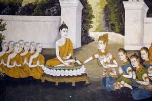 清迈Wat Phra Doi Suthep的壁画，描绘了佛祖的生活场景。佛祖接受施舍。泰国 作者 不明