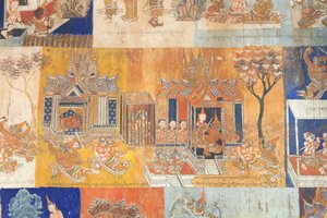 柬埔寨暹粒，博寺墙壁上的壁画，描绘了 Reamker 的场景（照片） 作者 未知艺术家